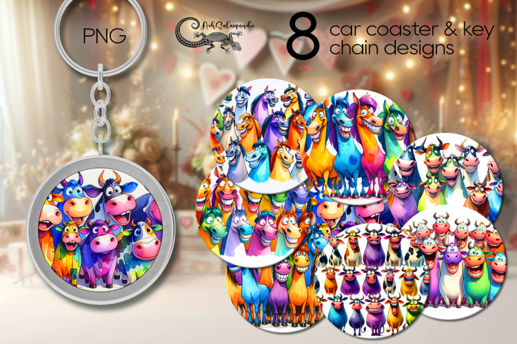 Funny animals | 8 Cartoon Car coaster & key chain designs