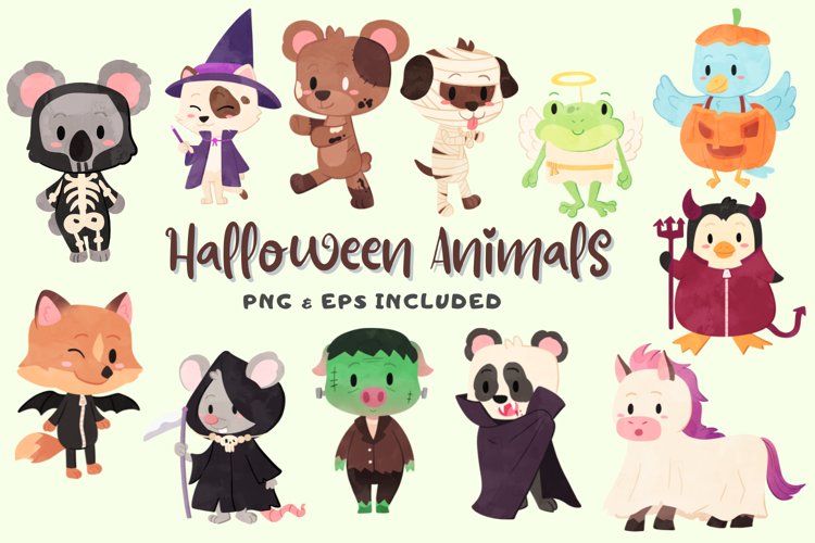 Halloween Animals Watercolor Style Clip Art