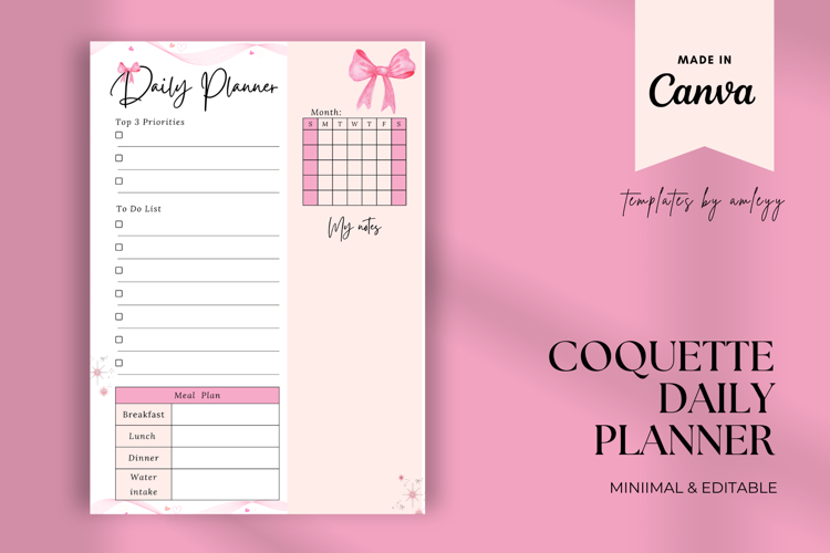 Coquette Daily Planner Template Aesthetic Pink Editable