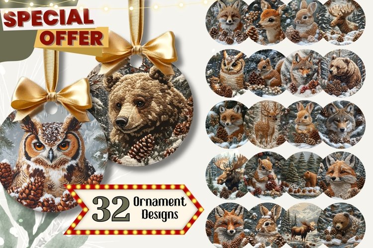 Christmas Ornaments Bundle, Embroidery Christmas Animals PNG