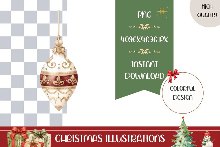Boho Christmas Ball Illustration, Gold Christmas PNG