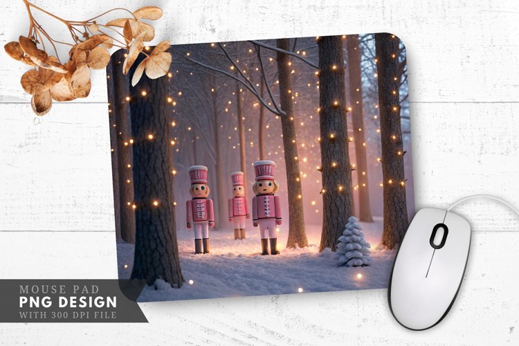 Pink Nutcracker Soldier in Snowy Christmas Forest Mouse Pad