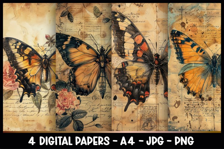 4 Vintage Butterfly Digital Papers I Junk Journal Page