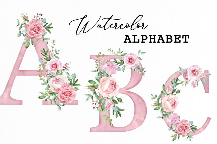 Watercolor pink floral alphabet