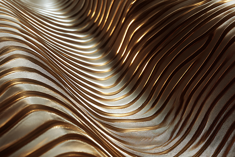 A metallic surface with wavy golden lines