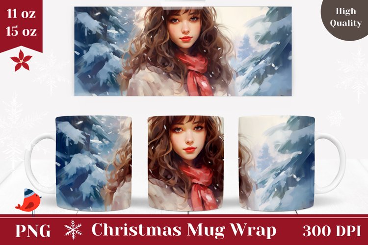 Winter Mug Wrap Design, Christmas Girl Coffee Cup Design