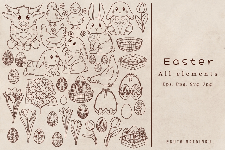 Easter individual elements, spring cute vector line arts