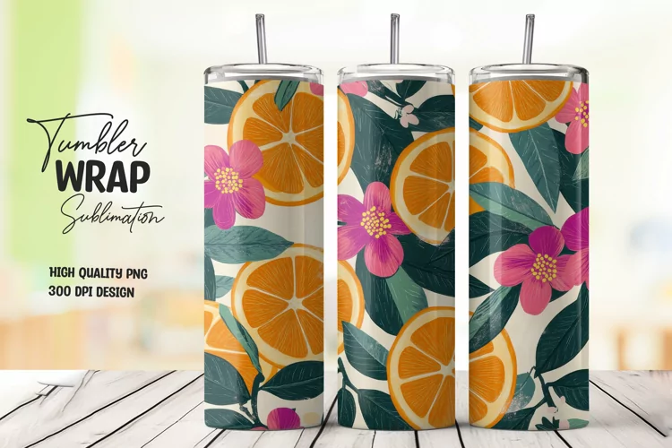 Orange with Leaves and Flowers Tumbler Wrap Sublimation
