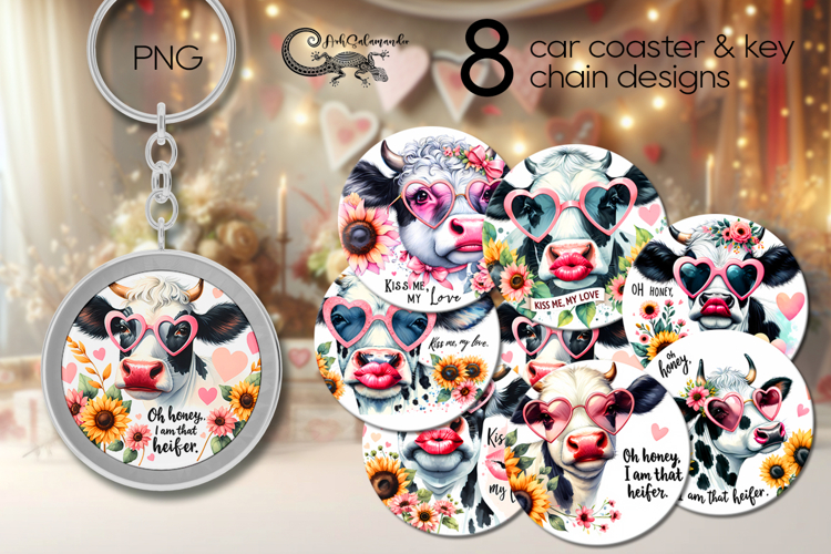 Cow & flowers | 8 Sublimation car coaster & key chain