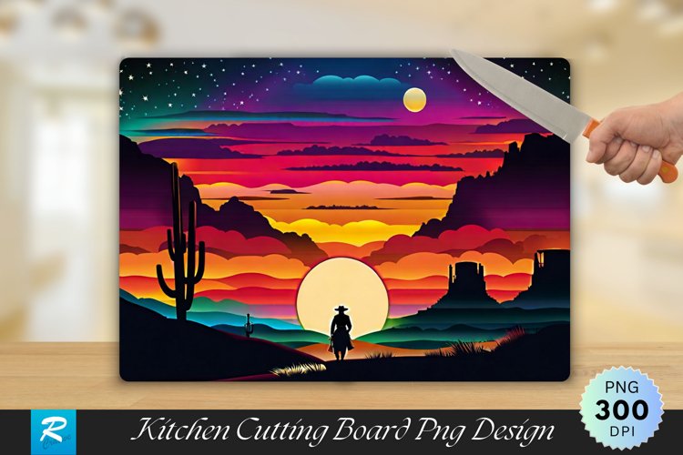 Man Stands In Front Of A Colorful Sky Cutting Board PNG example image 1