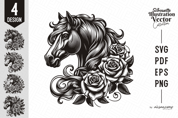 Elegant Horse Head with Roses Vector
