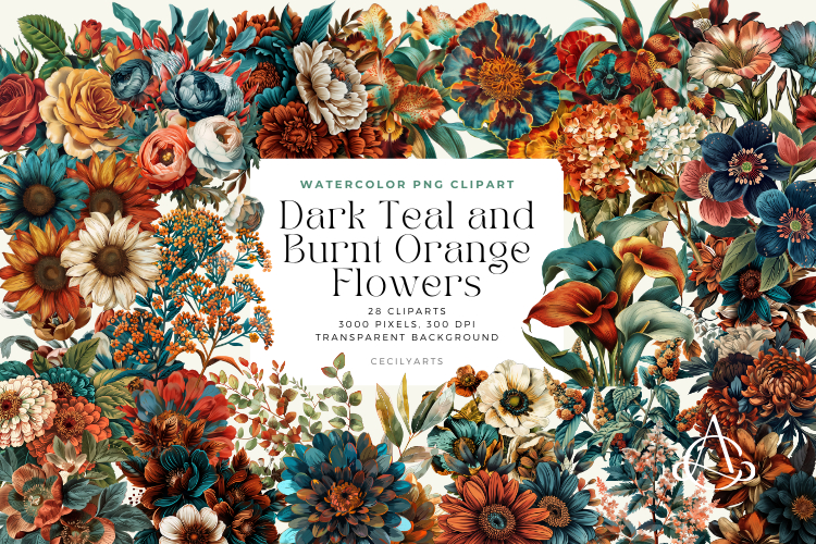Dark Teal and Burnt Orange Wedding Flowers Clipart Bundle