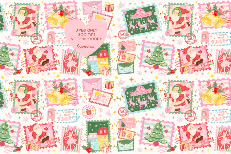 Christmas Stamp Pattern Bundle, Vintage Postage Seamless