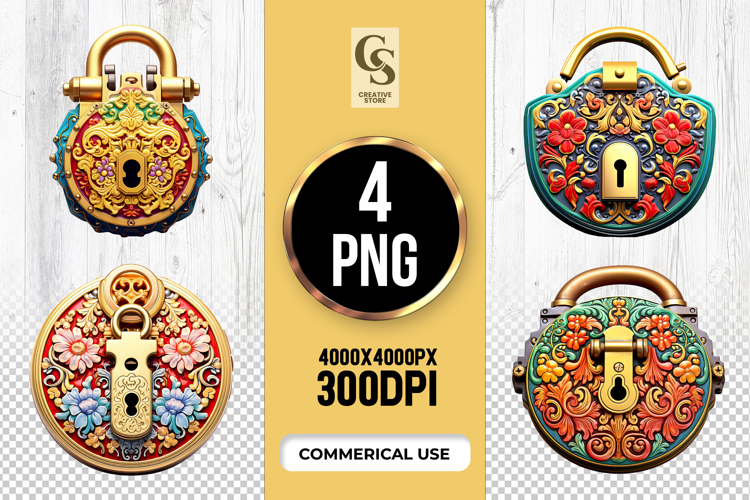 Vintage Ornate Floral Padlocks Clipart Sublimation PNG