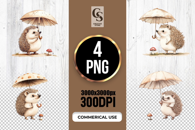 Hedgehog Umbrella Watercolor Clipart Sublimation PNG