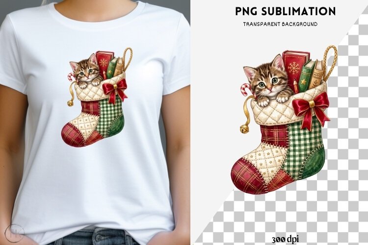 Christmas bookish cat png design for T-shirts example image 1