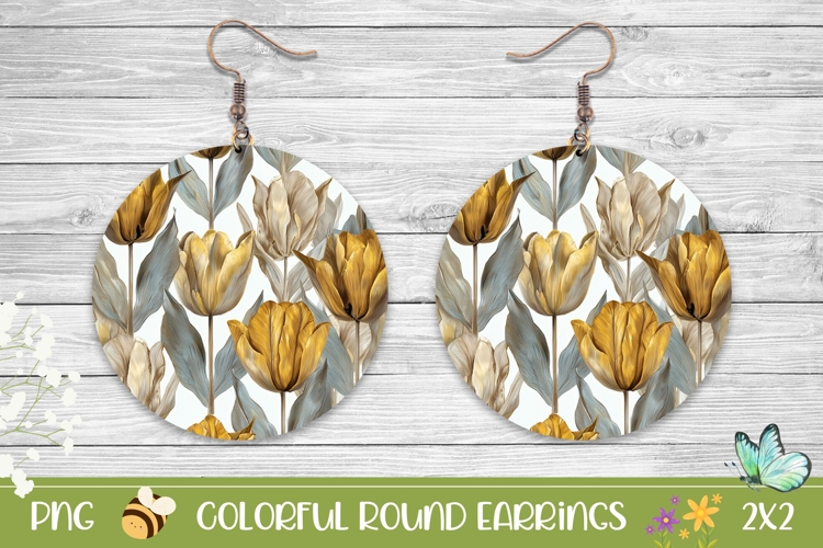 Gold Tulips Round Earrings, Flowers Earrings Print