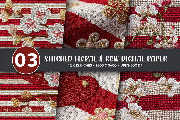 Stitched Floral   Bow Digital Paper