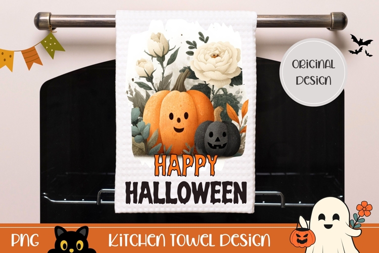 Happy Halloween Towel, Floral Pumpkins Towel Template