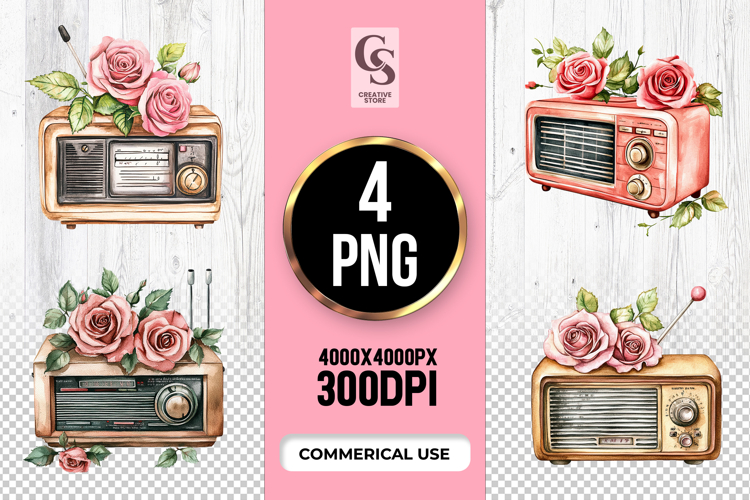 Vintage Radio with Roses Clipart Sublimation PNG