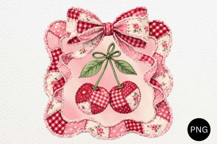 Patchwork Cherry In Coquette Frame PNG