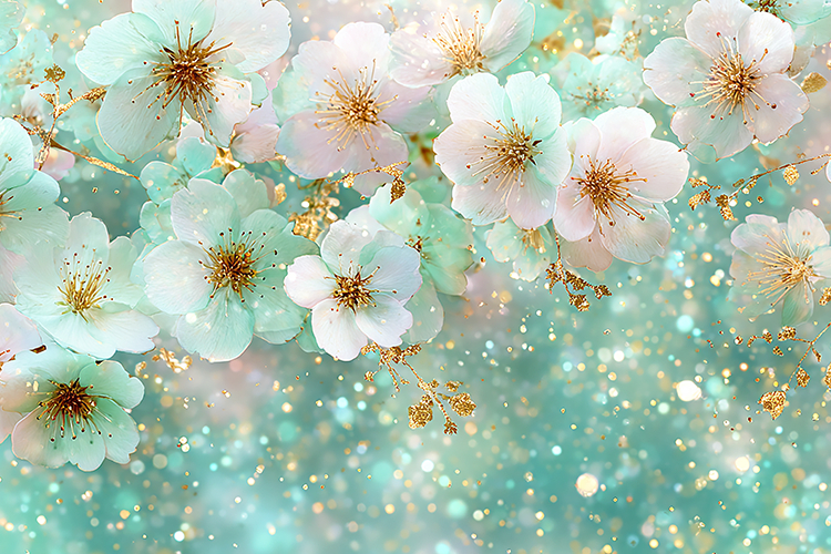 Pastel flowers and gold accents on a soft teal color