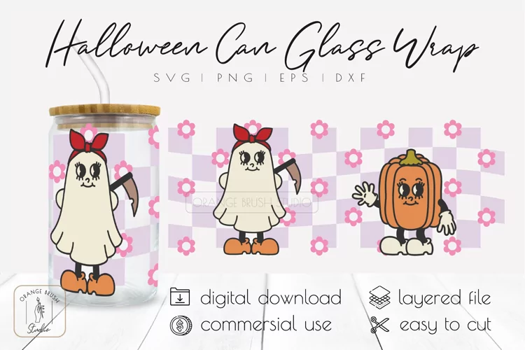 Retro Halloween Libbey Can Glass Wrap 16 Oz Ghost SVG File