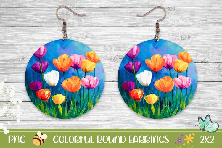 Floral Earrings PNG, Colorful Tulips Round Earrings Template