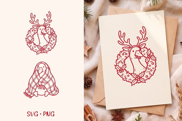 Christmas Wreath Goose SVG, Cozy Plaid Blanket Goose Clipart example image 1