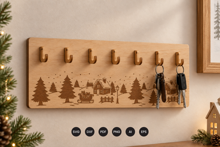 Christmas Key Holder SVG - Laser Cut Wall Hook Rack File