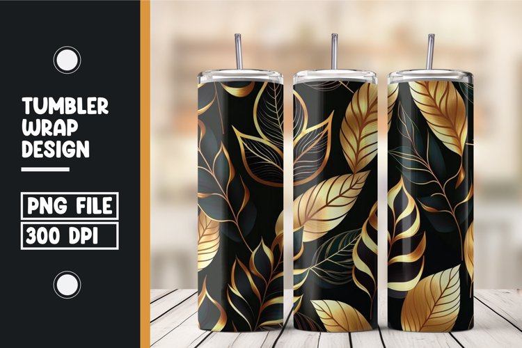 Golden and black 3d leaves tumbler wrap