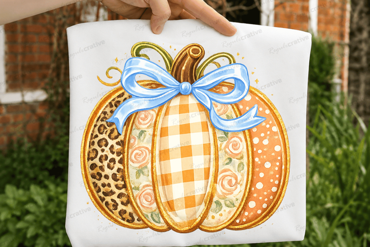 Blue Bow Pumpkin SVG PNG Floral Patchwork Fall Pumpkin PNG