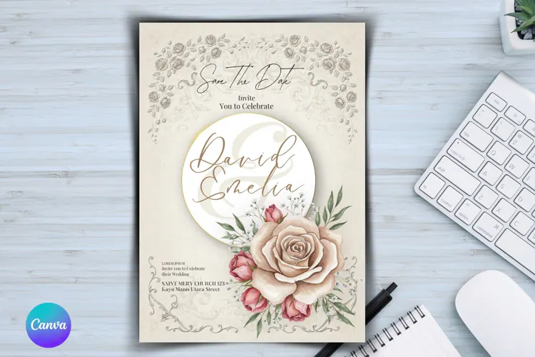 Vintage Floral Wedding Invitation Canva Template Romantic