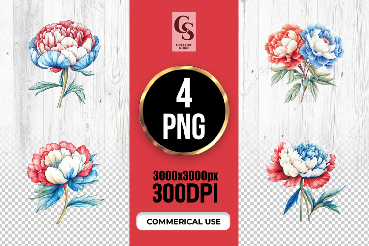 Patriotic Peony Flower Clipart PNG