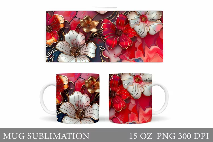 Flowers Mug Wrap Sublimation. 3D Flowers Mug Design