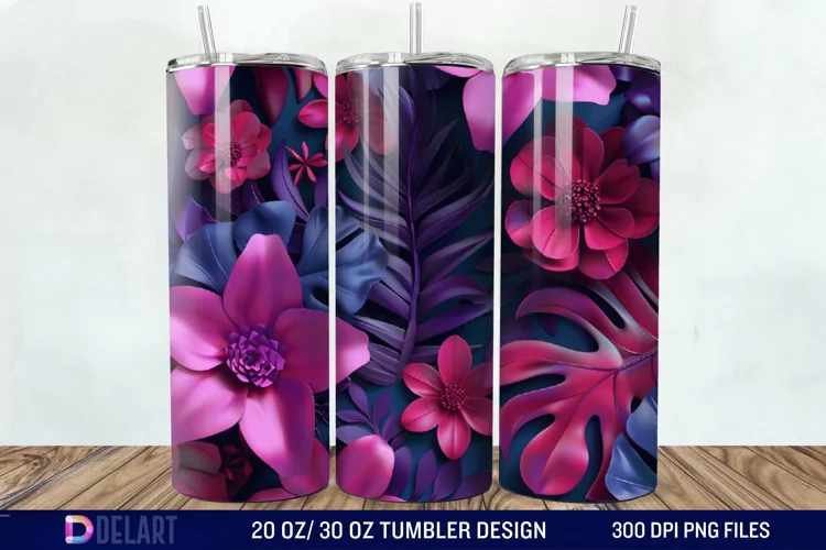 3D Fuchsia and Violet Flowers Tumbler Wrap