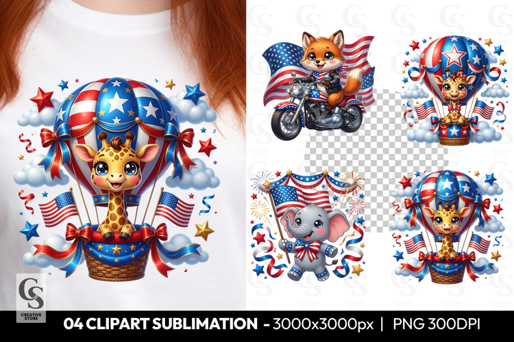 Patriotic Giraffe Hot Air Balloon Independence Day Design