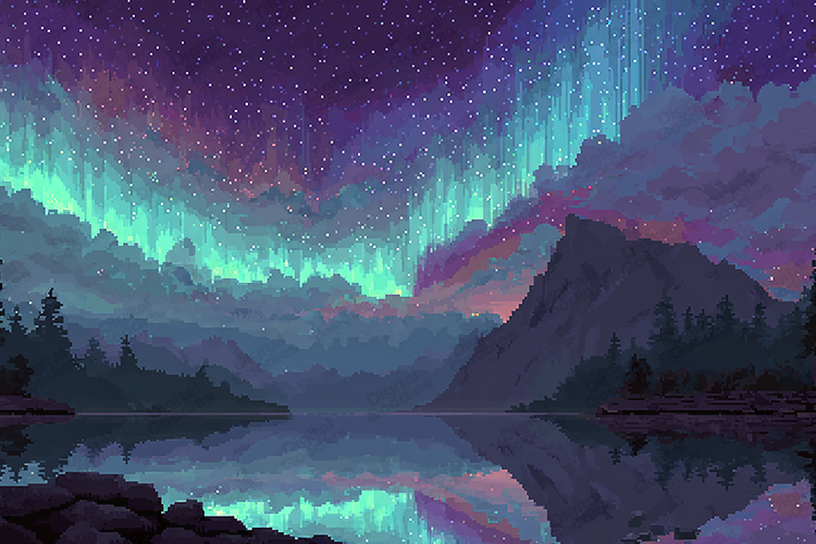 Pixel Art Northern Lights Landscape Night Sky Scene