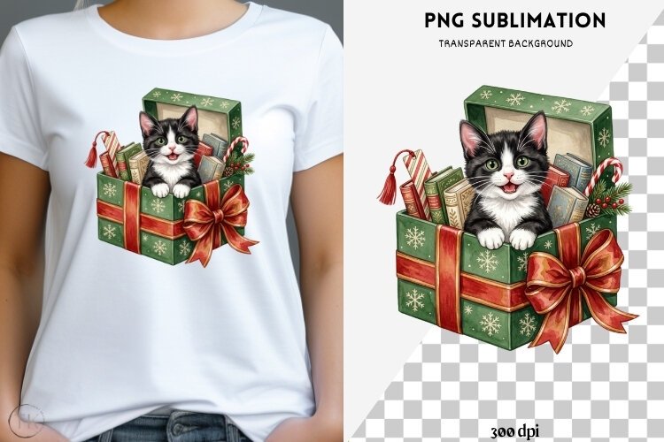 Christmas bookish cat png design for T-shirts example image 1