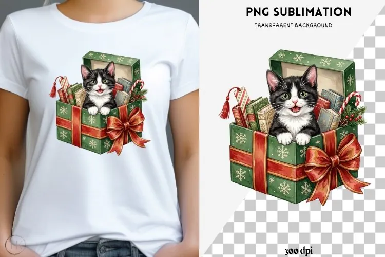 Christmas bookish cat png design for T-shirts