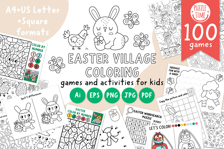 Easter village coloring games. Spring colouring activities
