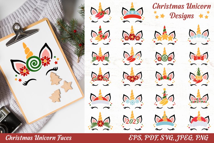 Christmas Unicorn Faces Clipart |Christmas Bundle SVG