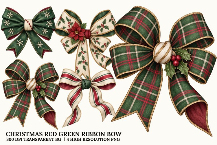 Christmas Red Green Bow PNG, Festive Ribbon Sublimation Art example image 1