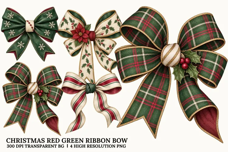 Christmas Red Green Bow PNG, Festive Ribbon Sublimation Art