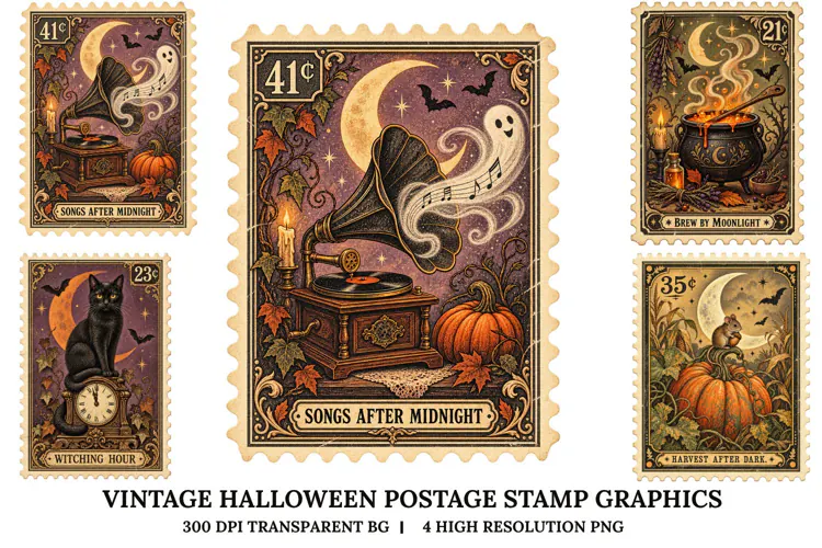 Vintage Halloween Postage Stamp PNG Gothic Spooky Sublimatio