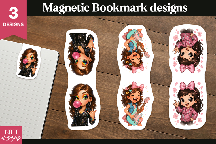 Magnetic bookmark for girl, Glam Rock girl bookmark PNG