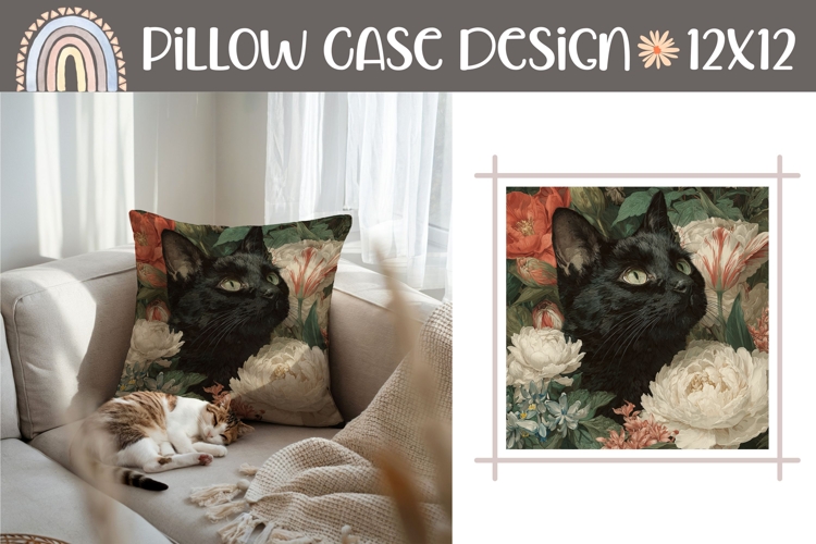 Black Cat Pillow Case, Floral Pillow Template, Cat PNG