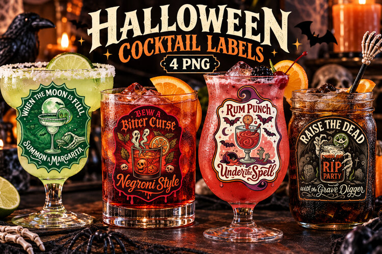 Vintage Halloween Cocktail Labels PNG, Creepy Bar Drinks example image 1