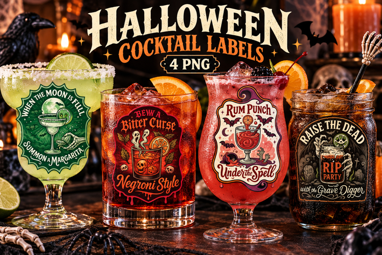 Vintage Halloween Cocktail Labels PNG, Creepy Bar Drinks