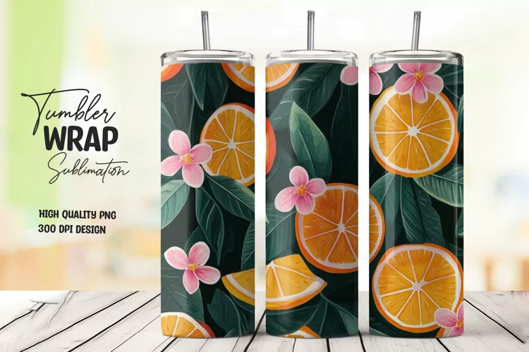 Orange with Leaves and Flowers Tumbler Wrap Sublimation